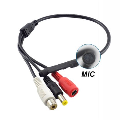Black audio cable with 3.5mm mic jack rca connectors and yellow dc power input for surveillance cameras audio pickups cctv mic