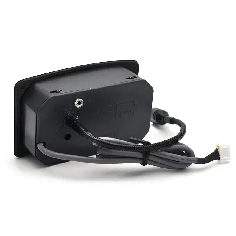 Black rectangular sv-m700 guitar eq equalizer with matte finish and coiled gray and black cables shown from the back side