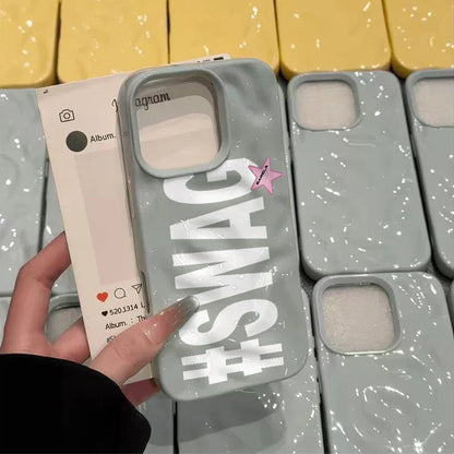 Back side of gray translucent swag hip hop personalized alphabet phone case with white hashtag lettering and pink star sticker