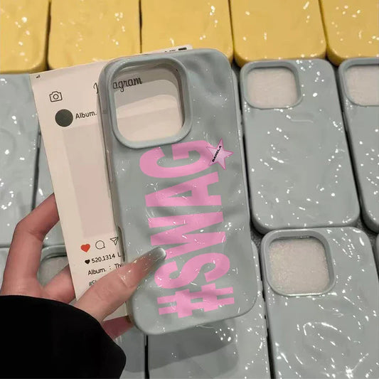 Glossy gray phone case with bold pink hashtag swag lettering and star accent shown from the back for plus 17air wave hip hop personalized use