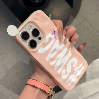 Pink glossy soft hip hop personalized phone case for iphone plus 17air wave with white swag lettering and star sticker