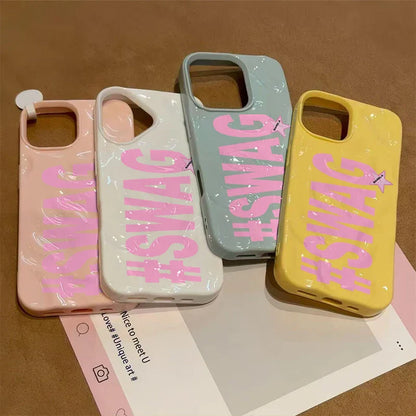 Pastel-colored swag hip hop personalized alphabet phone case with glossy finish and pink hashtag swag text on back for iphone plus 17air wave models