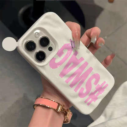 White glossy hip hop personalized phone case with pink swag lettering and star sticker for iphone 16 plus 17air wave