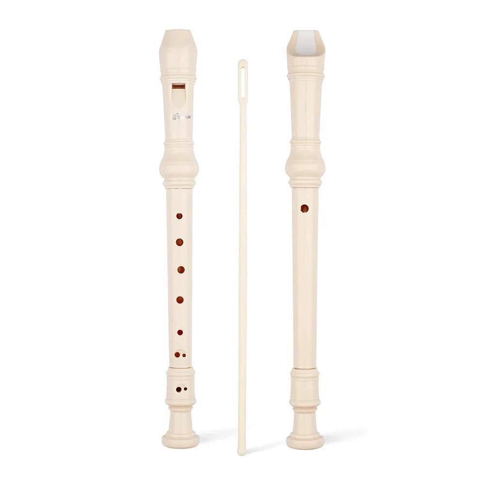Cream-colored plastic swan 8-hole treble recorder with seven red finger holes and cleaning rod classroom instrument