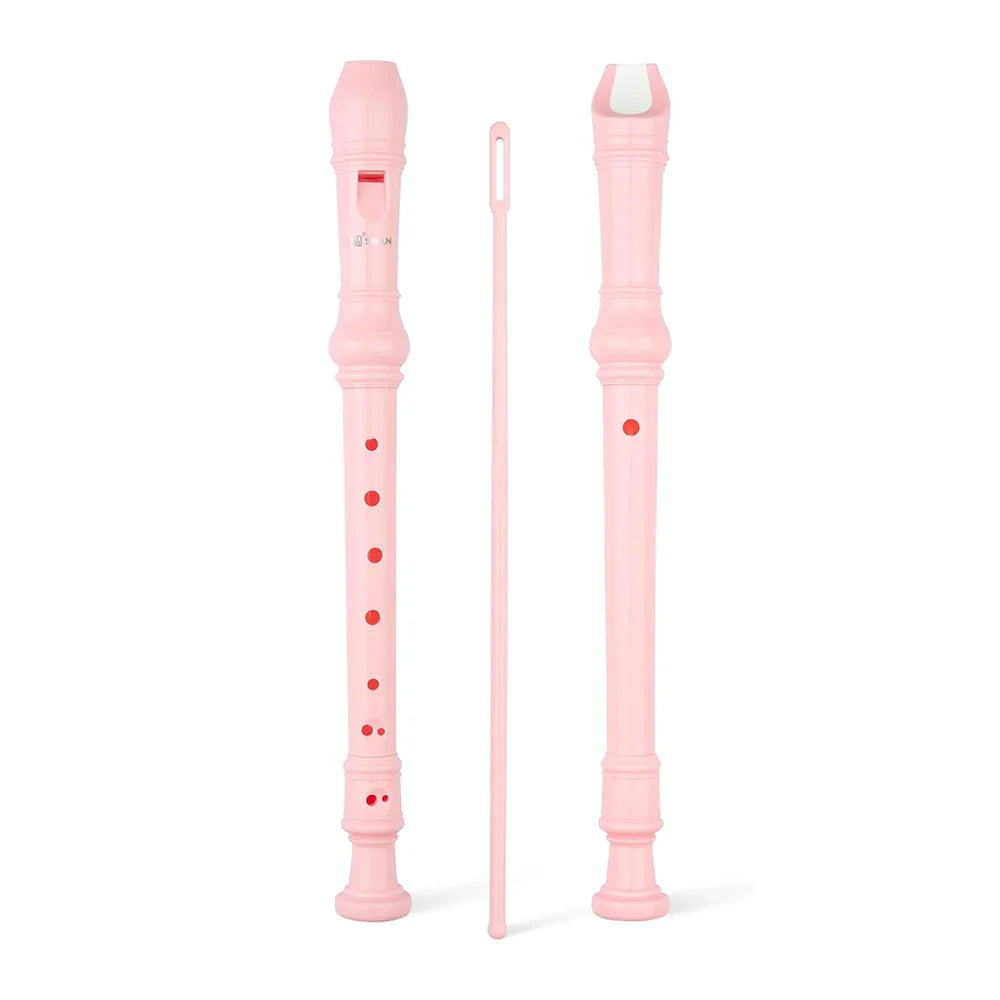 Pink plastic swan 8-hole treble recorder with red keyholes and cleaning rod classroom instrument for beginners