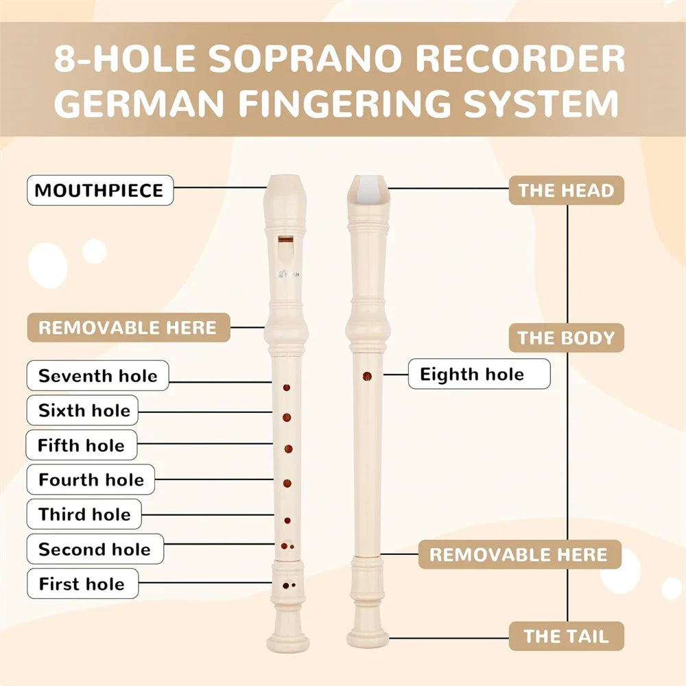 Cream-colored plastic swan 8-hole treble recorder with german fingering system designed as a classroom instrument