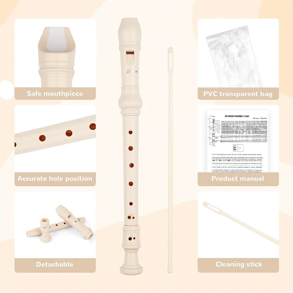 Cream-colored plastic swan 8-hole treble recorder with reddish-brown finger holes and detachable mouthpiece classroom instrument