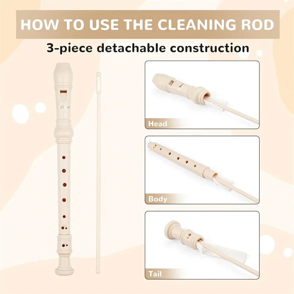 Cream-colored plastic cleaning rod with detachable head body and tail for swan 8-hole treble classroom instrument