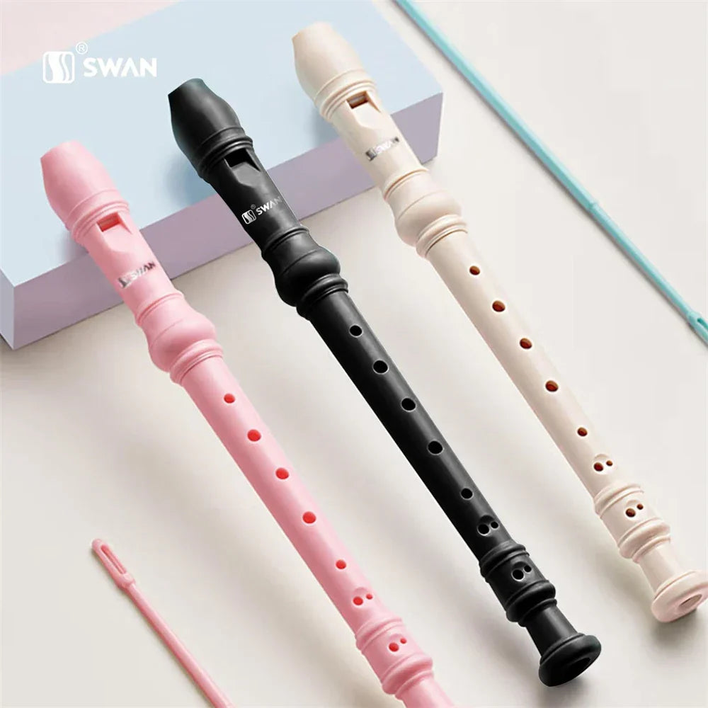 Three swan 8-hole treble recorders in pink black and cream sleek plastic classroom instrument for beginners