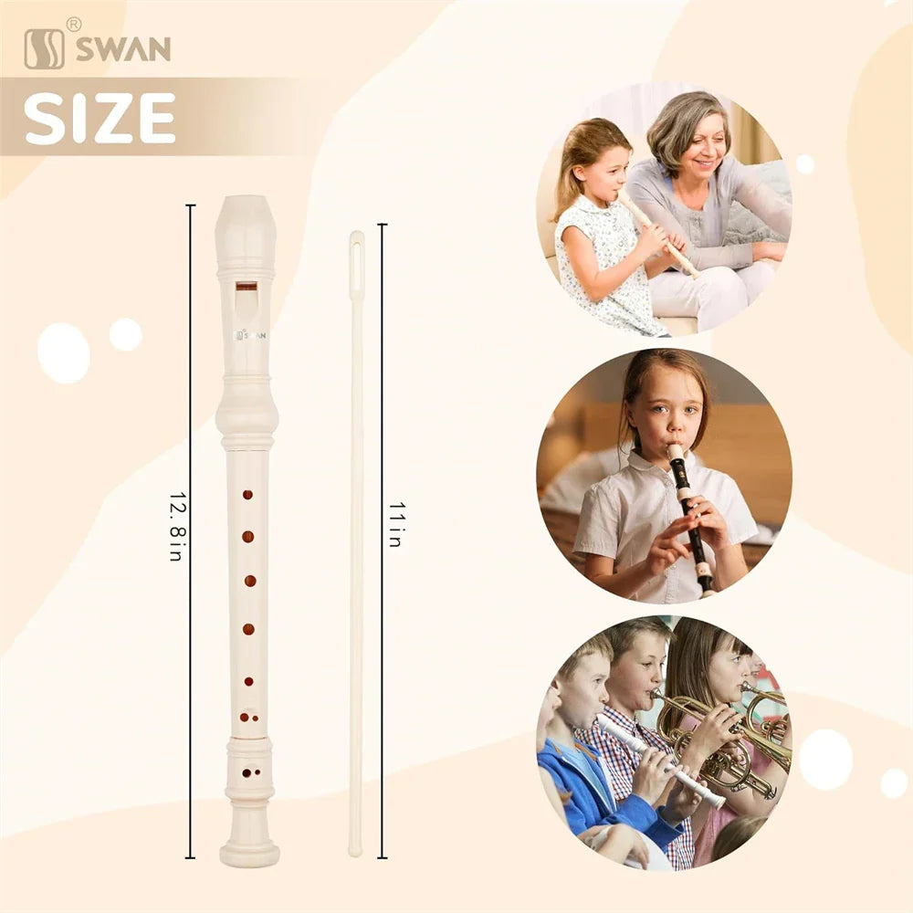 White swan 8-hole treble recorder with red circular finger holes and matching cleaning rod for classroom use
