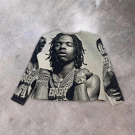 Black and white graphic sweatshirt y2k clothes with gothic hip hop portrait of man with dreadlocks and chains baby text