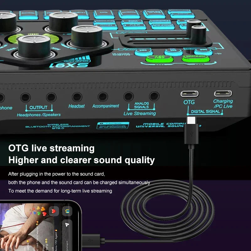 Black sx91 sound card usb sound mixer with blue-lit buttons and usb-c charging port for audio mixing console use