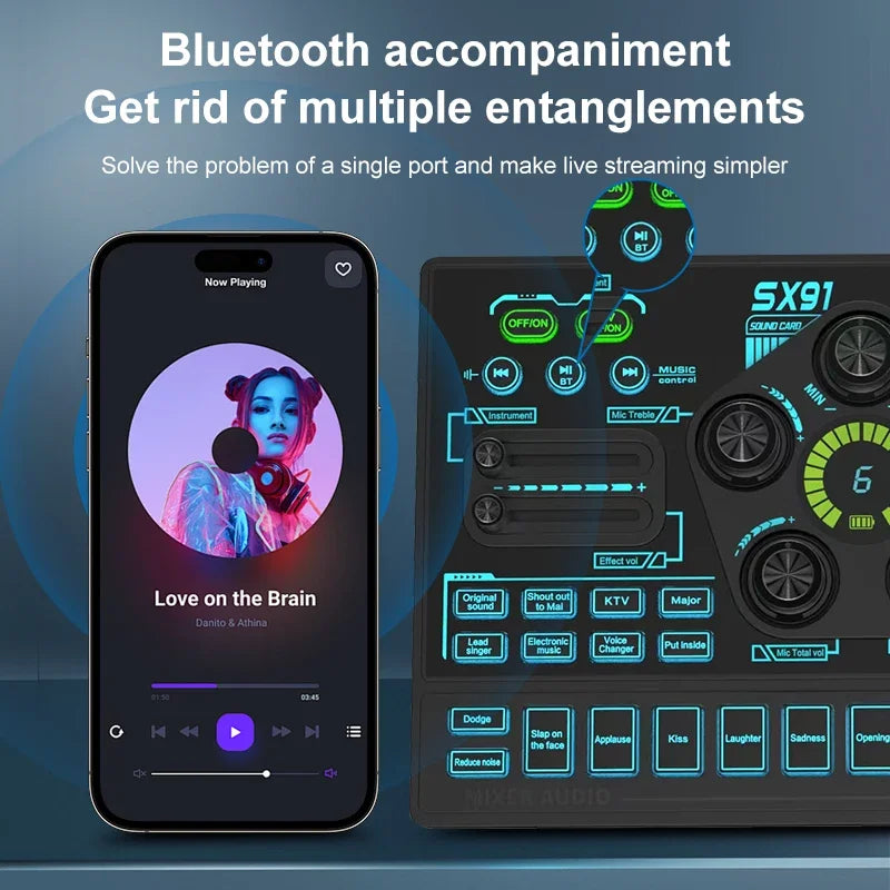 Black sx91 sound card usb sound mixer with glowing blue and green controls for professional audio mixing console use