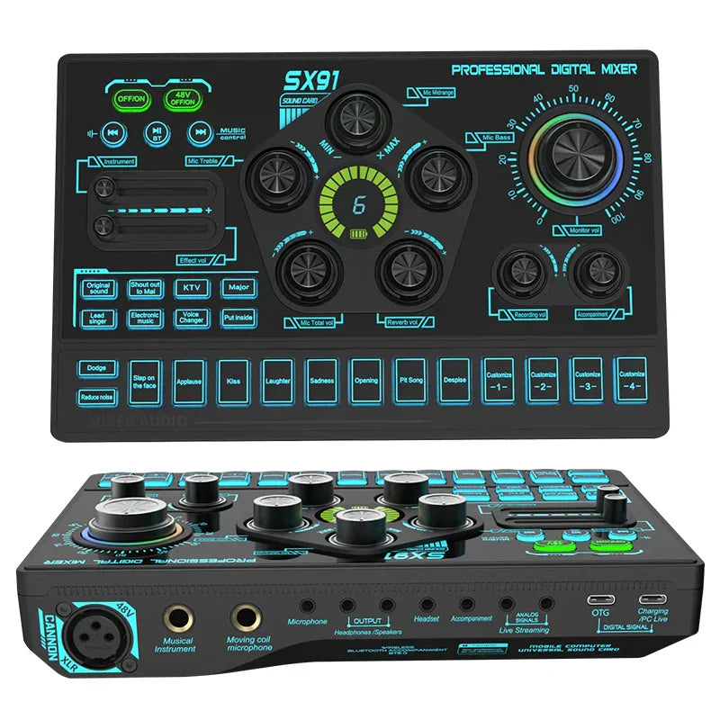 Black sx91 sound card usb sound mixer with glowing blue and green controls for professional audio mixing console use