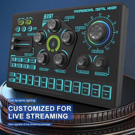 Black sx91 sound card usb sound mixer with glowing blue and green controls for professional audio mixing console use