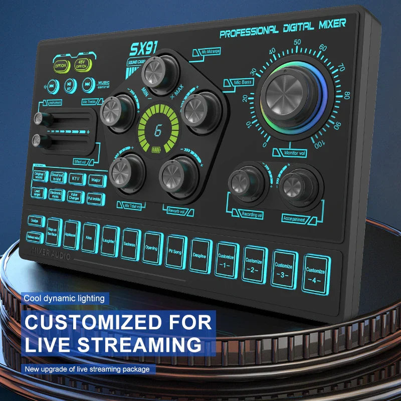 Black sx91 sound card usb sound mixer with glowing blue and green controls for professional audio mixing console use