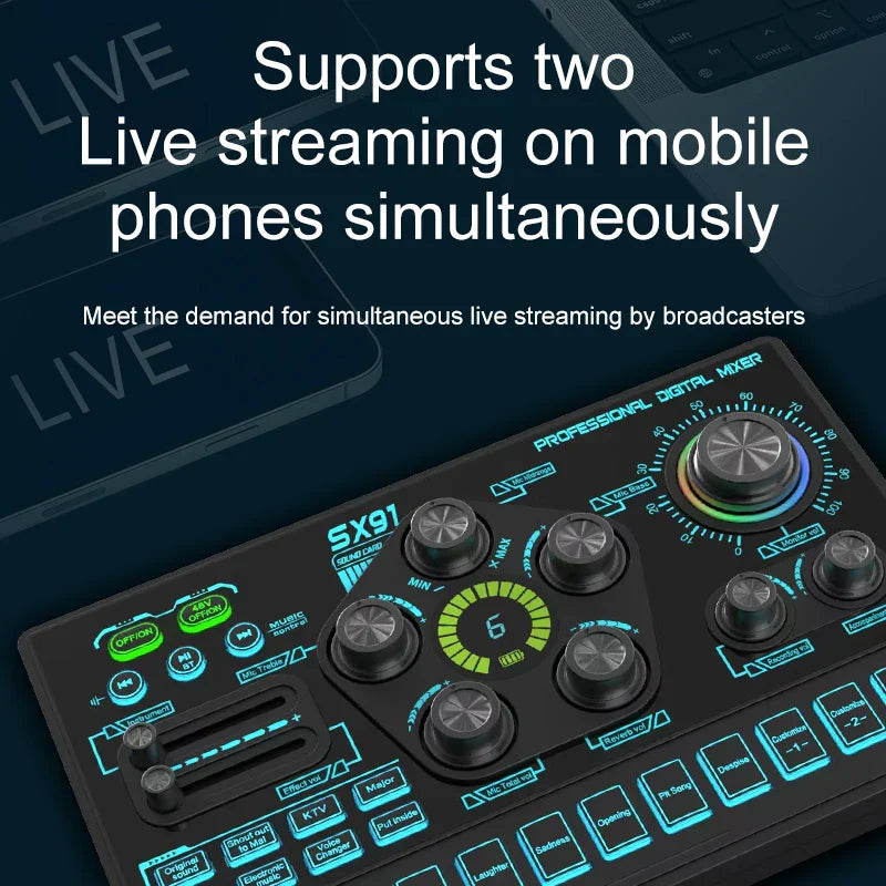 Black sx91 sound card usb sound mixer audio mixing console with glowing blue and green controls for professional use