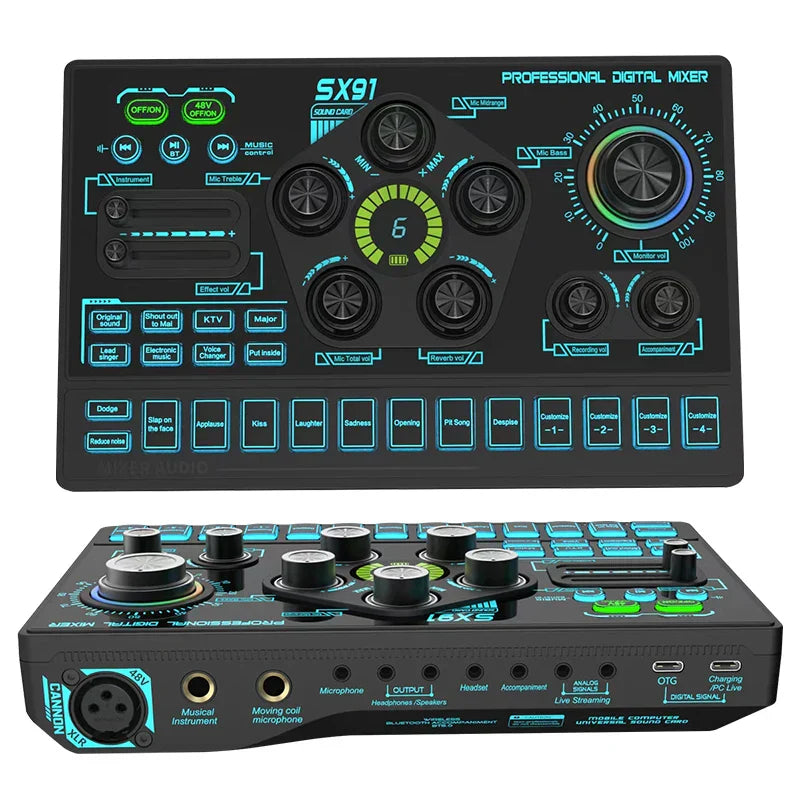 Black SX91 sound card professional audio mixing console with teal backlighting and multiple controls for live and PC use