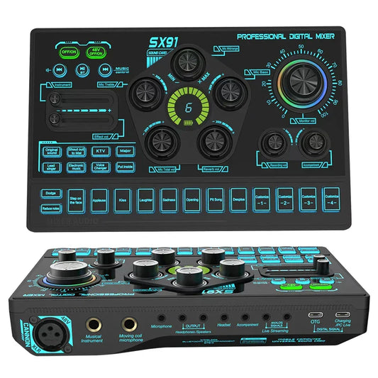 Black SX91 sound card professional audio mixing console with teal backlighting and multiple controls for live and PC use