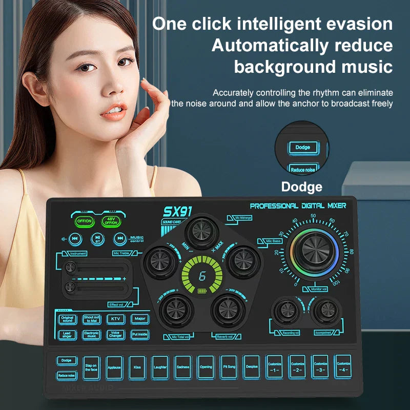 Black sx91 sound card usb sound mixer with glowing blue and green controls professional audio mixing console