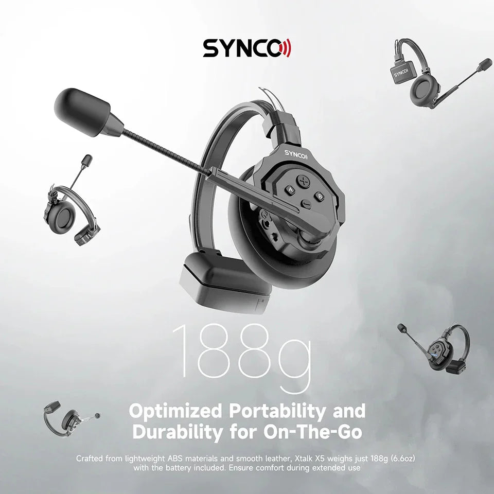 Black synco xtalk xpro6 teamwork communication headset with flexible microphone lightweight abs remote wireless control
