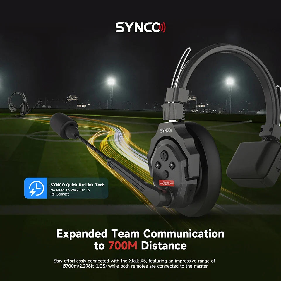 Black synco xtalk xpro6 teamwork communication headset with flexible microphone and control buttons for remote wireless use
