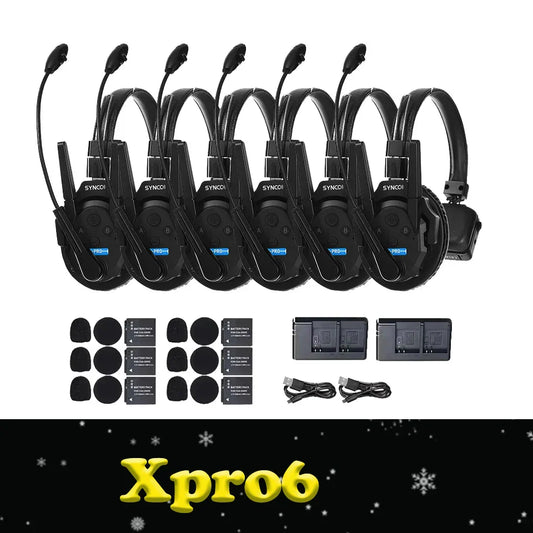Set of six black synco xtalk xpro6 teamwork communication headsets with attached microphones and remote wireless accessories