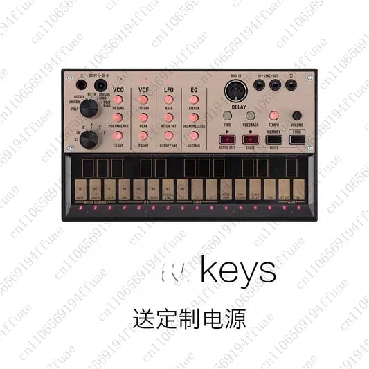 Beige and black modular synthesizer sampler with labeled knobs and 16 keys as a compact music production tool