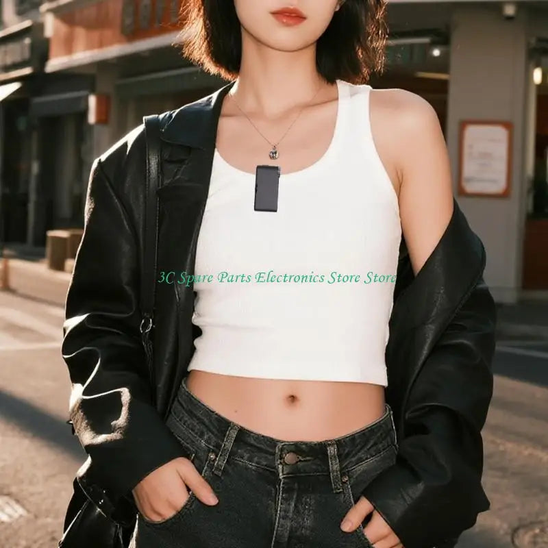 White cropped tank top with black tag paired with sz intelligent wireless microphones system featuring touchscreens control for computer recording