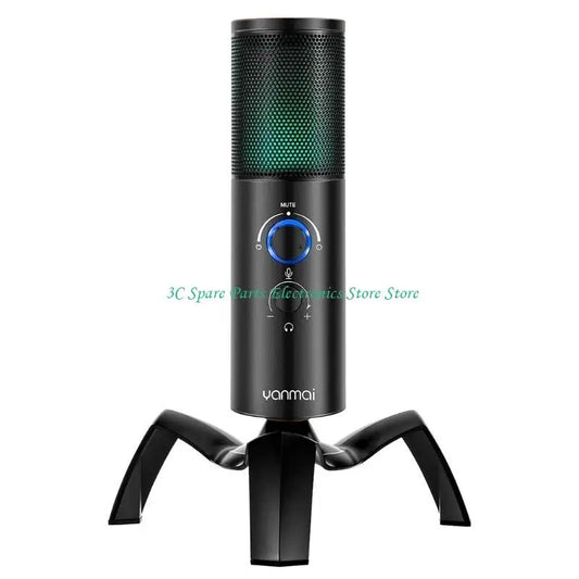 Black vanmai usb microphone with mesh grille and green light on spider-style stand for professional recording kits gaming and streaming conference professional use