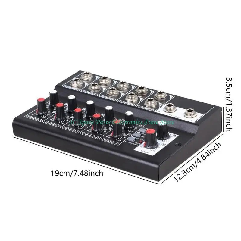 Black 8-channel audio mixer with red-topped knobs and silver input jacks for networking live broadcast karaoke use