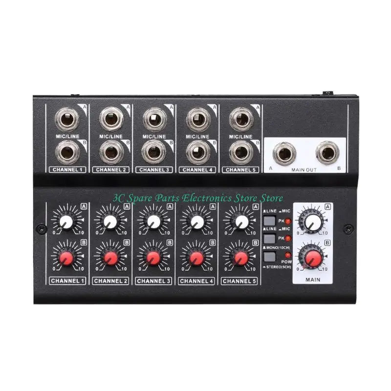 Black 5-channel audio mixer with silver input jacks and red knobs for networking live broadcast karaoke use