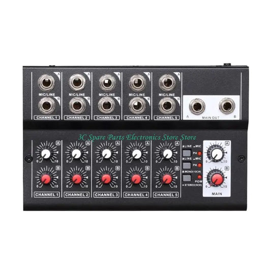 Black 5-channel audio mixer with silver input jacks and red knobs for networking live broadcast karaoke use