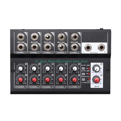 Black 5-channel audio mixing console with silver input jacks and red knobs for networking live broadcast karaoke use
