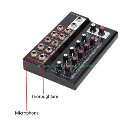 Black 8-channel audio mixer with silver input jacks and red and black knobs for networking live broadcast karaoke