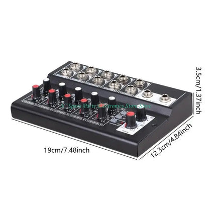 Black 8-channel audio mixing console with red knobs and silver jacks for networking live broadcast karaoke use