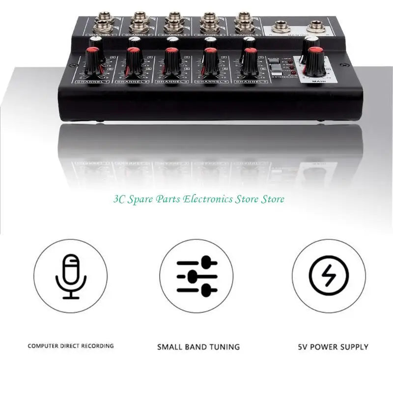 Black 4-channel audio mixer with red knobs and silver jacks for networking live broadcast and live broadcast karaoke