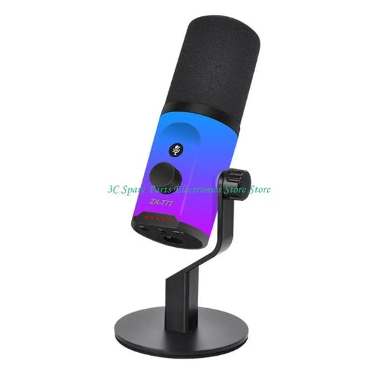 Blue and purple gradient sz studio usb condenser mic with adjustable color illuminating and black foam windscreen on stand