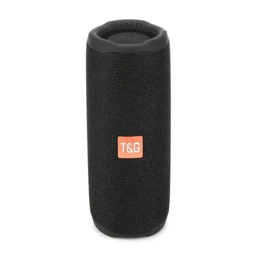 Black cylindrical tg365 portable bluetooth speaker with textured fabric and orange t&g logo waterproof outdoor boombox