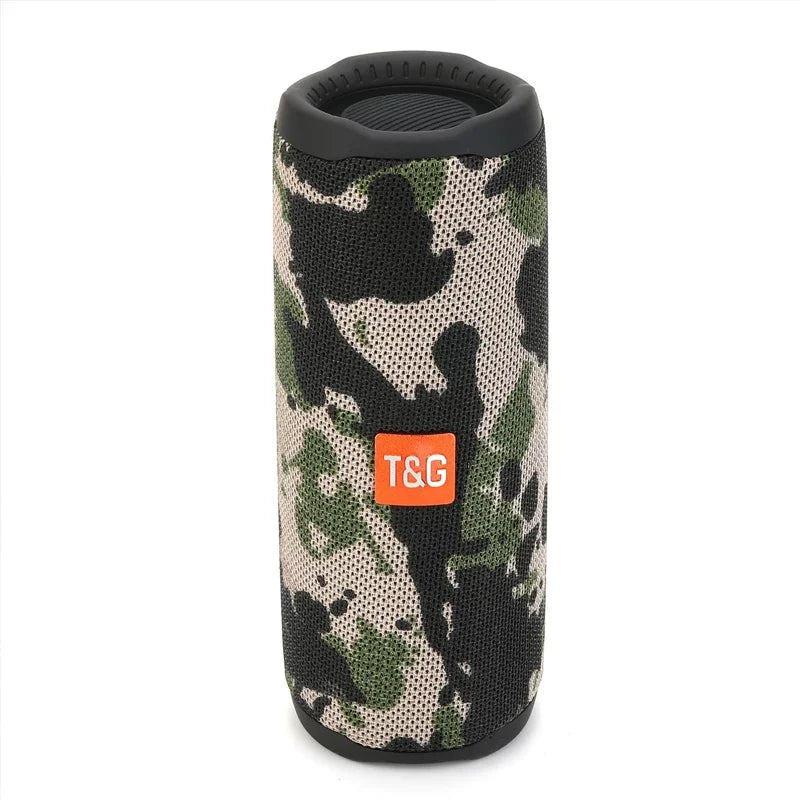 Tg365 portable bluetooth cylindrical speaker with camouflage mesh fabric and black rubber accents wireless subwoofer waterproof outdoor boombox