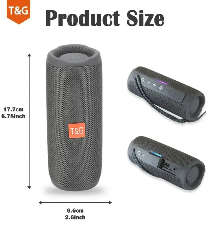 Black tg365 portable bluetooth speaker with textured mesh exterior and orange logo wireless subwoofer waterproof outdoor boombox