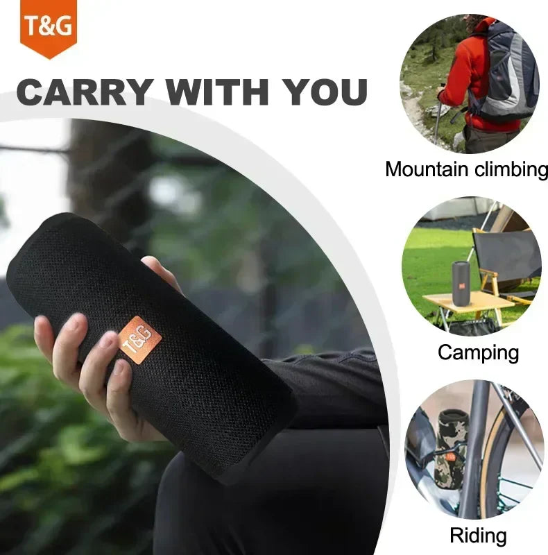 Black tg365 portable bluetooth speaker with textured fabric and orange logo patch wireless subwoofer waterproof boombox