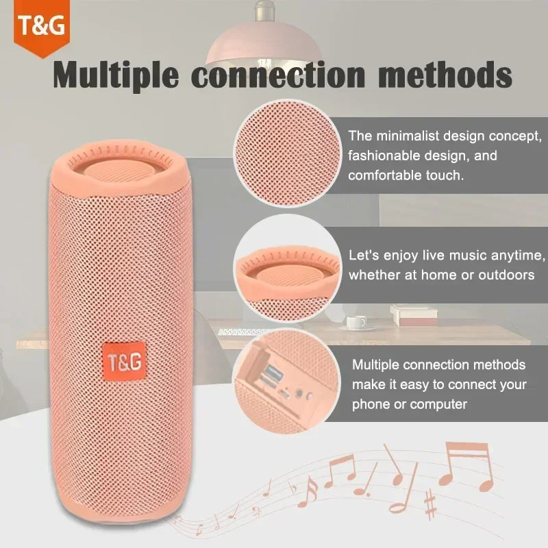 A peach-colored tg365 portable bluetooth speaker with textured mesh and orange logo wireless subwoofer waterproof boombox fm aux