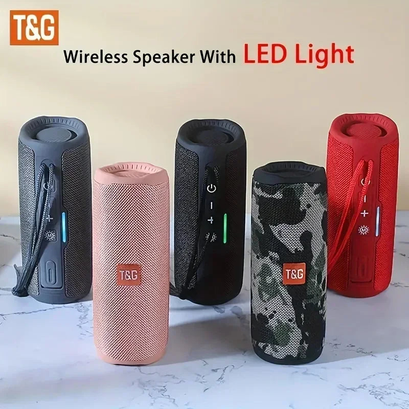 Tg365 portable bluetooth wireless subwoofer waterproof boombox fm aux with led light in gray pink black camouflage and red fabric finishes