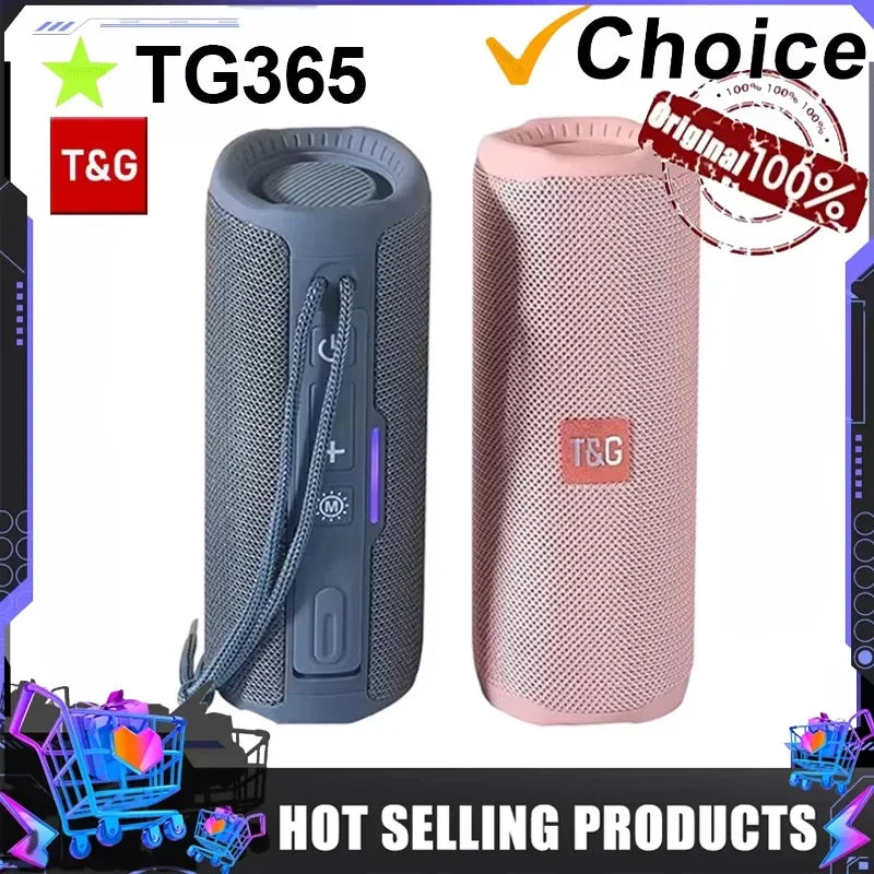 Two tg365 portable bluetooth speakers in dark gray mesh and pink fabric featuring wireless subwoofer waterproof and boombox fm aux functions