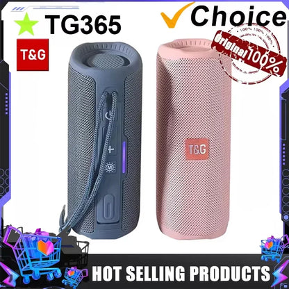 Two cylindrical t&g tg365 portable bluetooth speakers in dark gray mesh and soft pink fabric with branded logos