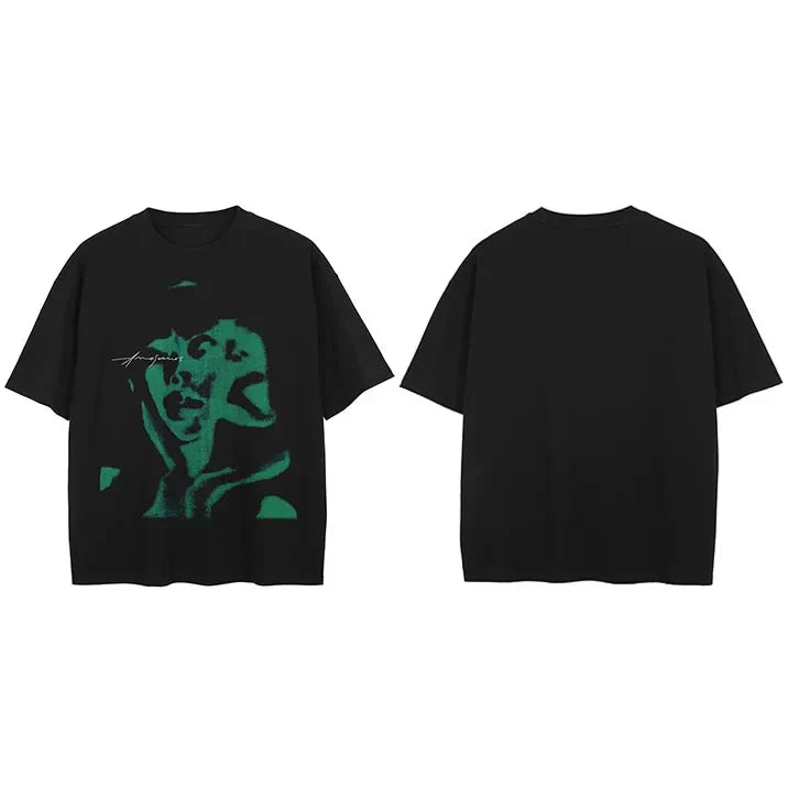 Black short-sleeved shirt cotton hipster with stylized green face graphic for streetwear soulmate graphic look