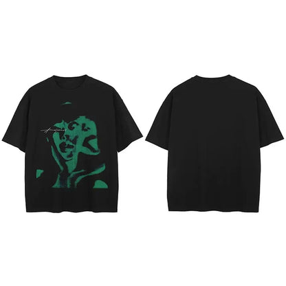Black short-sleeved shirt cotton hipster with stylized green face graphic for streetwear soulmate graphic look