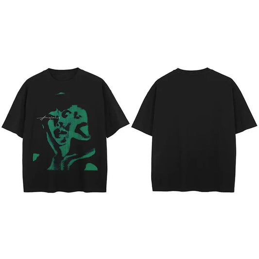 Black short-sleeved shirt cotton hipster with stylized green face graphic for streetwear soulmate graphic look