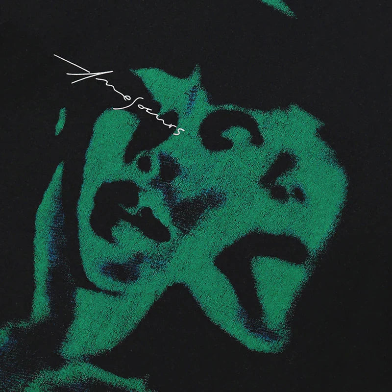 Black hip hop t shirt cotton hipster with streetwear soulmate graphic of green stylized face and amos signature